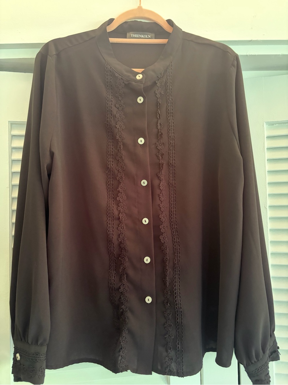 Black Lace-Trim Button Front Women's Blouse